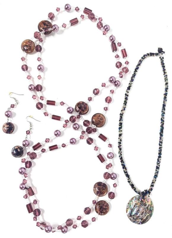 Hugely Long (68"!!) Vintage Loop Necklace with Art Glass Beads With Matching Earrings + Striking Vintage 18" Braided Seed Bead Necklace with 1.5" Multicolor Iridescent Shell Pendant