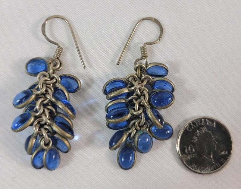 925 Silver Periwinkle Blue Glass Cluster Earring Set . Marked 925 on Hook