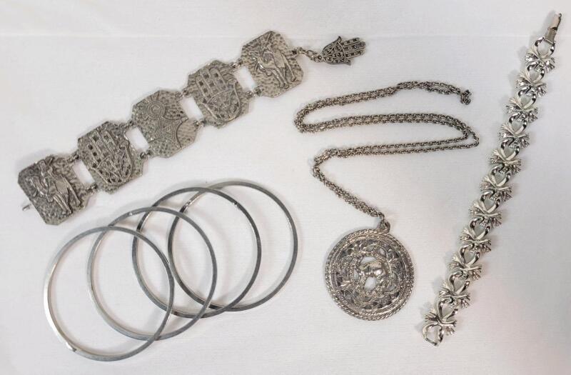 Vintage Moroccan 5-Panel Bracelet , Camel Pendant Necklace , Signed CORA Thistle Bracelet & 4 Bracelets