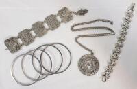 Vintage Moroccan 5-Panel Bracelet , Camel Pendant Necklace , Signed CORA Thistle Bracelet & 4 Bracelets
