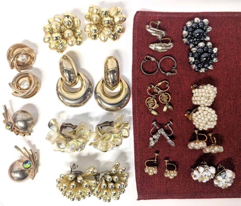 15 Vintage Pairs Super Chunky + Metal & Metallic Clip-On / Screw-Back Earrings Incl Signed CORO, Longest 2.5"