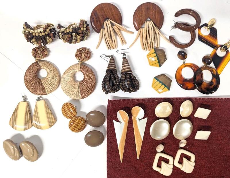 17 Vintage Earrings in Earth Tones, Mix of Clip-Ons and Those For Pierced Ears, Longest 3.25"