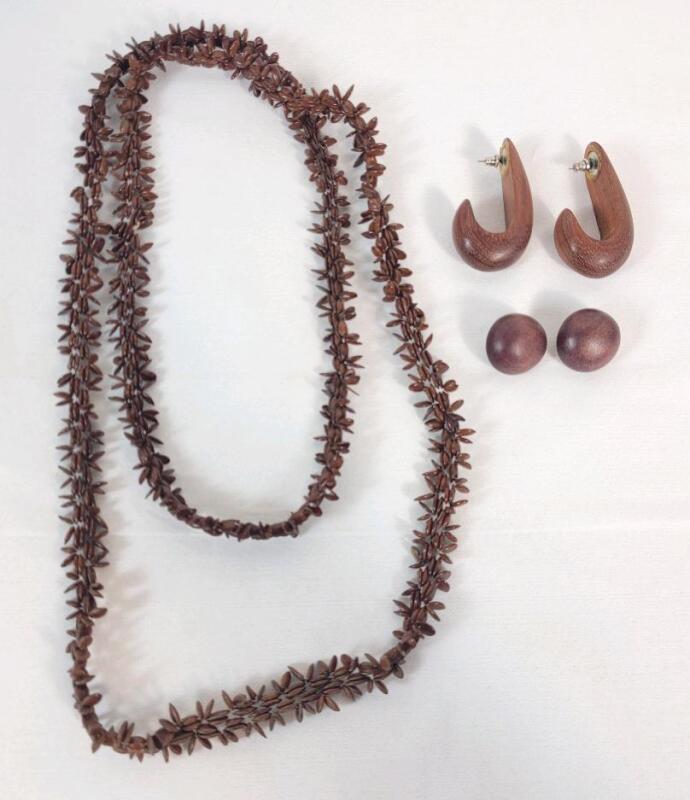 Vintage Koa Seed Necklace & Two (2) Pair Wooden Earring Sets