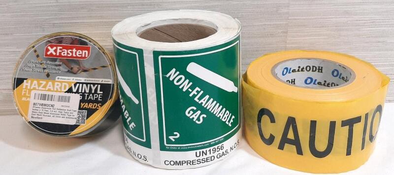 3 New Rolls of Caution Tapez Including Hazard Tape, Caution Tape & Non-Flammable Gas Warning Stickers