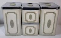 Vintage MCM The Queen Line Set of 4 Kitchen Canister Set . Flour , Sugar , Coffee & Tea . Would benefit from cleaning