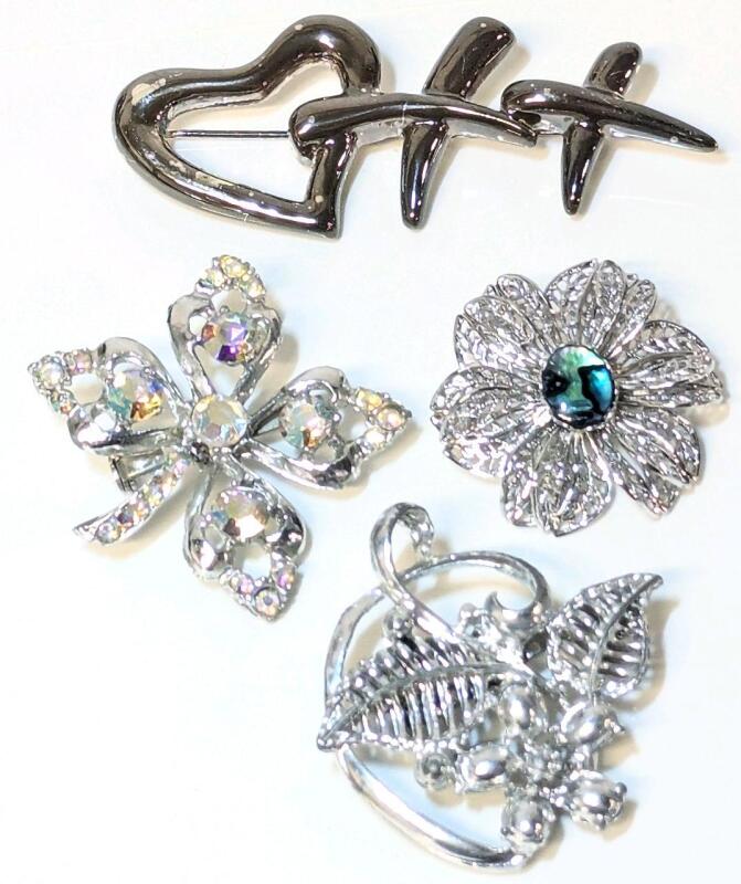 4 Vintage Brooches, Up to 3" Across