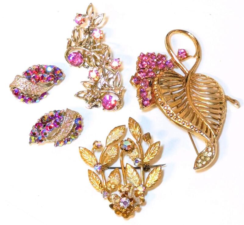 2 Vintage Brooches with AB & Pink Stones & 2 Pairs Vintage Pairs Earrings incl Signed CORO. Largest Brooch 2.75" Long