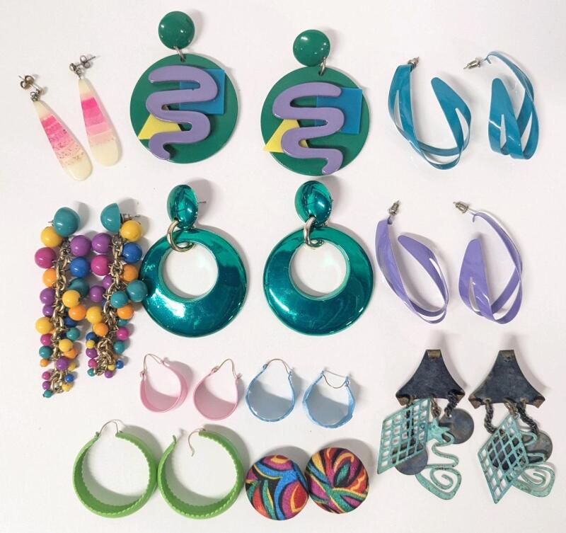 11 Pairs Funky Colourful Vintage Earrings (1 Pair Clip-Ons), Up to 3.5" Long