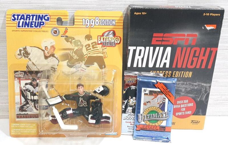 Lot of Hockey Collectibles, Includes 1998 Extended Series Starting Lineup Nikolai Khabibulin Figure, Ultimate Hockey 1991 Premi&egrave;re Edition 6-Card Pack, Upper Deck Series Two 2024-25 4 Card Pack & ESPN Trivia Night Express Edition Trivia Game