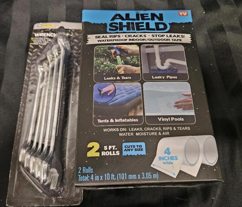 2 new items, 5 piece wrench set in assorted sizes and Alien Shield Waterproof Indoor/Outdoor Tape 2x5ft rolls