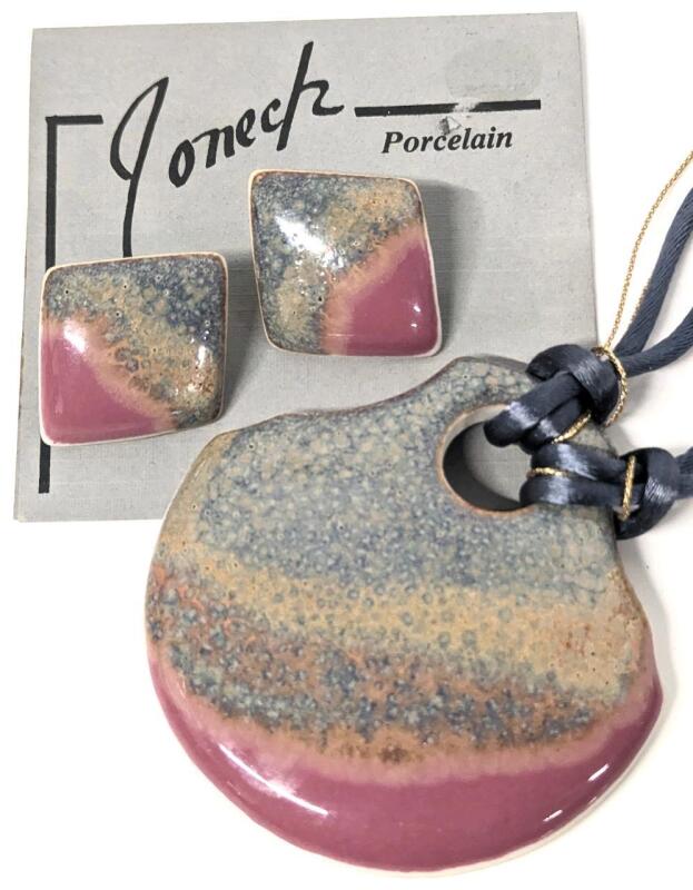 Signed Vintage JONECK Pottery Dunn NC Necklace (Pendant 2.5" &times; 2.5" on 30" Cord) & Matching Earrings (1.5" &times; 2.25") for Pierced Ears