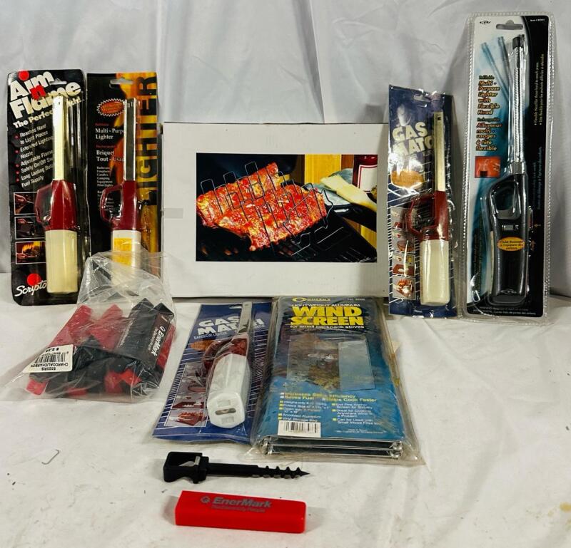 7 Outdoor Cooking Items, Includes Barbecue Rib Rack, Wind Screen for Backpack Stoves, 5 Long Lighters, and 17 EnerMark Mini Anchors