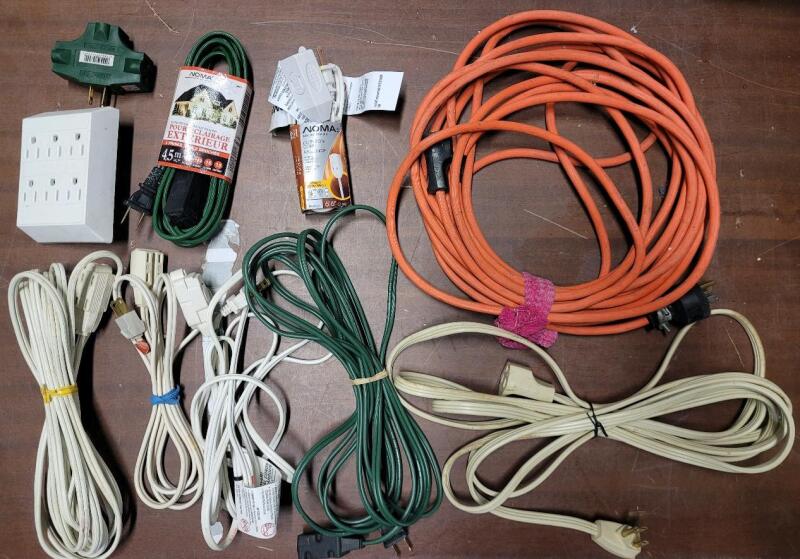 Eight (8) Various Length Extension Cords & Two (2) Wall Adapter Outlets