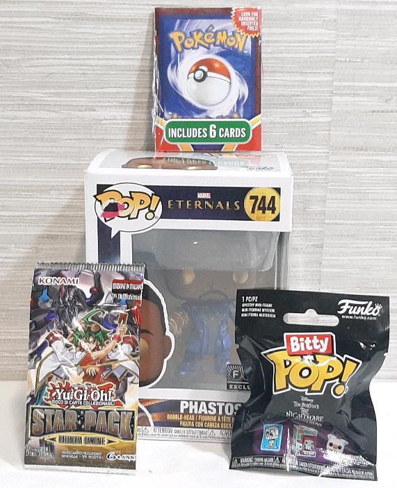 Lot of Collectable Items, Including a Marvel Eternals Phastos Funko Pop Vinyl Figure, Bitty Pop Mystery Nightmare Before Christmas Mini Figure, Yu-Gi-Oh TCG Italian Card Pack & Pokemon TCG 6 Pack