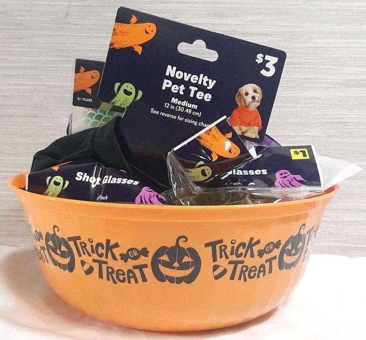 Lot of New Halloween Items, Including a Novelty Pet Tee, Shot Glasses, Plastic Tumblers, Water Bottle and Candy Bowl