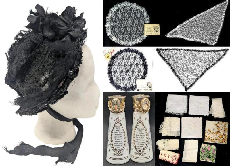 Very Old (Possibly Victorian) Mourning Bonnet, 2 Vintage Chantilly Lace Chapel & Church Caps Made in Canada (9.25" Diameter + Matching 28" Long Triangular Lace Shawls, Assorted Handkerchiefs, St. Anne's Shrine Salt & Pepper Shakers with Grace Before, and 