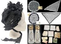 Very Old (Possibly Victorian) Mourning Bonnet, 2 Vintage Chantilly Lace Chapel & Church Caps Made in Canada (9.25" Diameter + Matching 28" Long Triangular Lace Shawls, Assorted Handkerchiefs, St. Anne's Shrine Salt & Pepper Shakers with Grace Before, and 