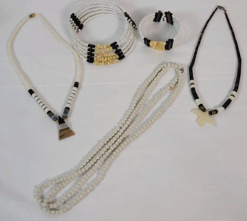 Vintage Boho 5-Strand Rough Cut & Polished Stone Choker And Bracelet Set , Two (2) Southwestern Style Necklaces & Polished Stone Long Necklace