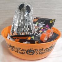 Lot of New Holiday Decorations, Including a Reflective Ghost, Bleeding Eye Skull Candle Sculpture, LED Tea Lights, Sticky Eyeballs, Felt Stickers & Candy Bowl