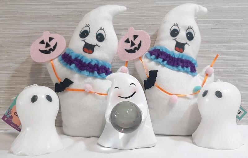 Lot of Ghost Decorations, Including 2 Fabric Ghosts, 2 Ghost Candles & Ghost Ball Sculpture