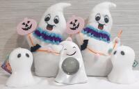 Lot of Ghost Decorations, Including 2 Fabric Ghosts, 2 Ghost Candles & Ghost Ball Sculpture