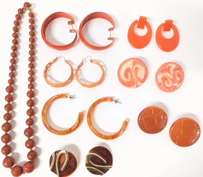 Vintage 18" Beaded Necklace Made in Hong Kong + 7 Pairs Vintage Earrings for Pierced Ears, Up to 2" Diameter