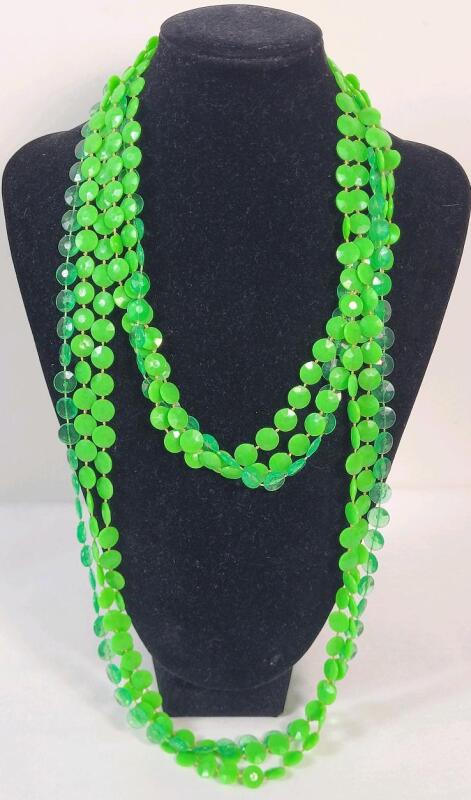Vintage Late 60s / Early 70s Triple Strand Beaded Necklace w/Glow under Black Light Beads . Measures 50" Long