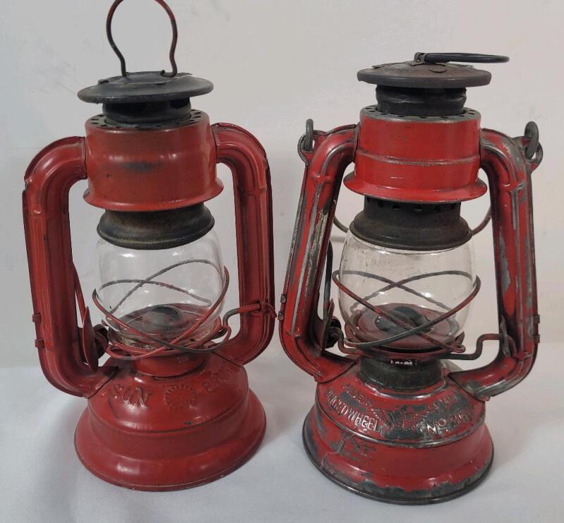 Two (2) Vintage Kerosene Lanterns . Winged Wheel & Run Brand . Both measure 7 &frac14;" tall . Great Garden Art