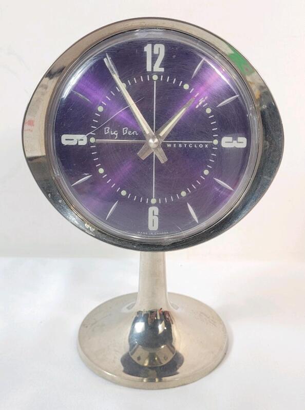 Vintage MCM 1964 Westclox " BIG BEN " Atomic Pedestal Desk Alarm Clock . Measures 7.5" tall . Working . Small crack on face cover
