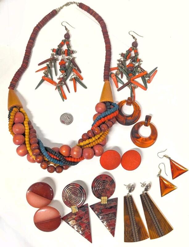 Gorgeous Vintage Multicolored Beaded Wood Necklace 24" + 7 Pairs Vintage Earrings for Pierced Ears, Up to 5" Long (Includes West German Earrings)