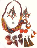Gorgeous Vintage Multicolored Beaded Wood Necklace 24" + 7 Pairs Vintage Earrings for Pierced Ears, Up to 5" Long (Includes West German Earrings)