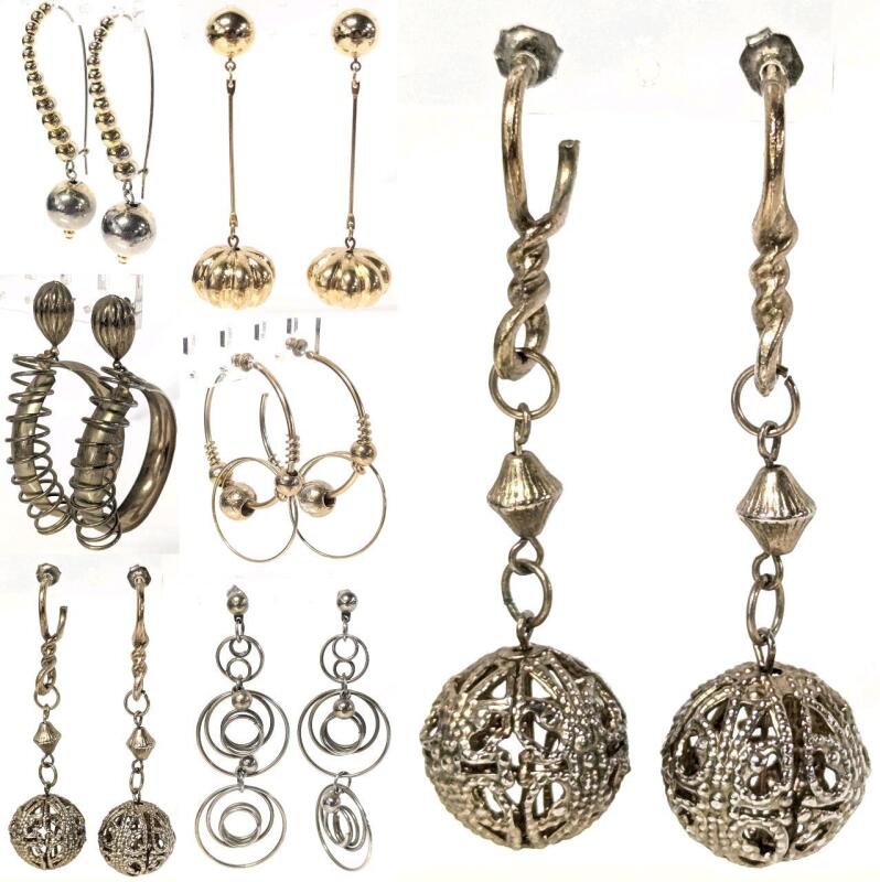 7 Vintage Pairs Funky & Fancy Metal Dangly Earrings for Pierced Ears Up to 2.75" Long