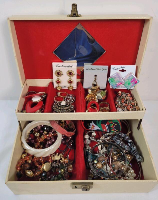 Assorted Jewelry in Vintage Jewelry Box . Rings , Earrings , Bracelets , Necklaces