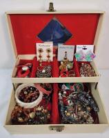 Assorted Jewelry in Vintage Jewelry Box . Rings , Earrings , Bracelets , Necklaces