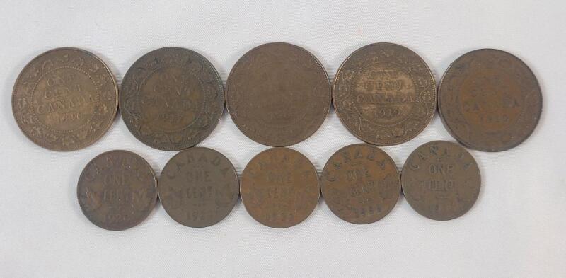 1916 - 1935 Canadian Large & Small One Cent Pennies . Large : 1916 , 1917 , 1918 , 1919 , 1920 . Small : 1920 , 1929 , 1932 , 1933 & 1935 . Ten (10) Coins