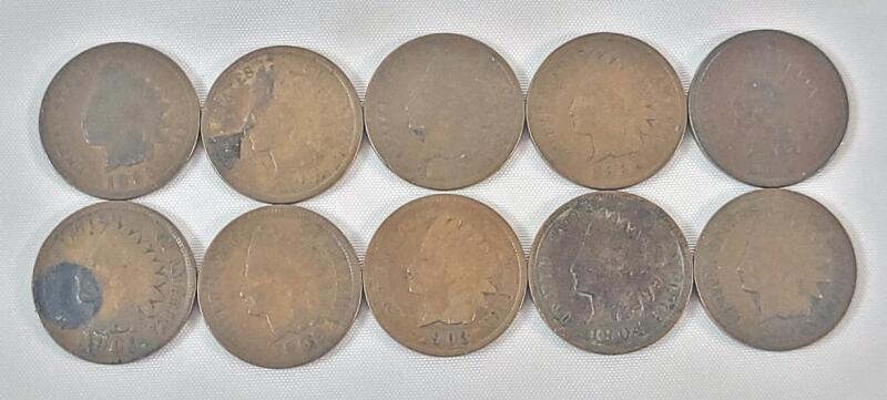 1893 - 1905 USA Indian Head One Cent Pennies . 1893 , 1895 , 1897 , 1898 , 1900 , 1901 , 1902 , 1903 , 1904 & 1905 . Ten (10) Coins