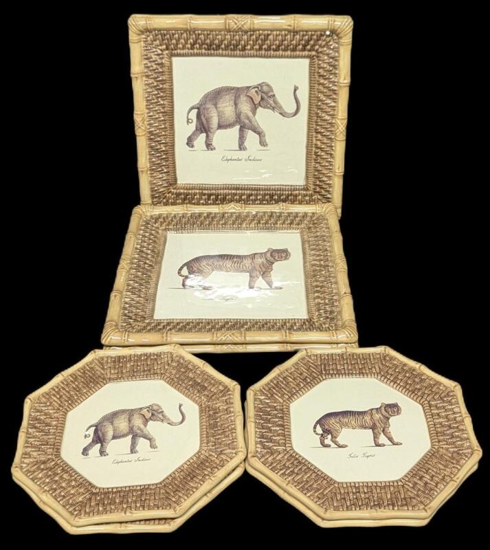 Raymond Waites EMPIRE Safari : 4&times; Large Square Serving Plates 12.25" & 4&times; Octagonal Dinner Plates 9.15", Felis Tigris & Elephantus Indicus