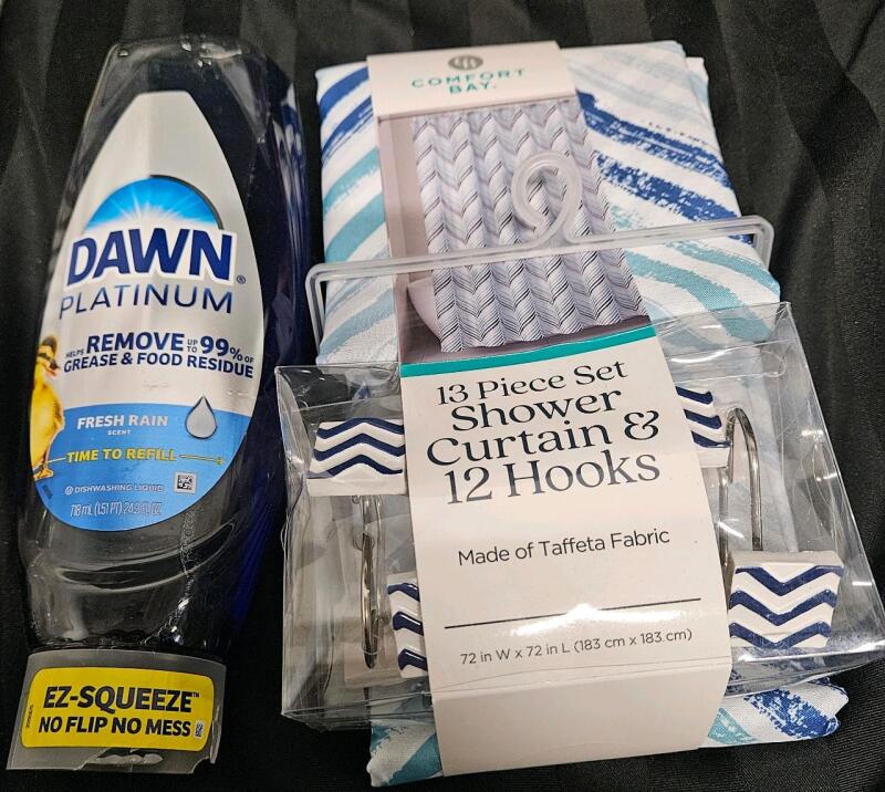 2 new items dove platinum ez-squeeze 718ml and comfort bay 13 piece shower curtain and 12 hooks