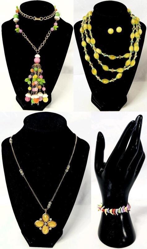 Vintage Pastel Fruit Salad Chandelier Necklace Hong Kong 22", Triple Strand Lemon Necklace with AB Beads 18" & Matching Earrings, Faceted Yellow Rhinestone Necklace 22" + Coloured Fish Bead Expansion Bracelet