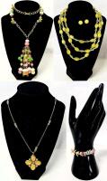 Vintage Pastel Fruit Salad Chandelier Necklace Hong Kong 22", Triple Strand Lemon Necklace with AB Beads 18" & Matching Earrings, Faceted Yellow Rhinestone Necklace 22" + Coloured Fish Bead Expansion Bracelet