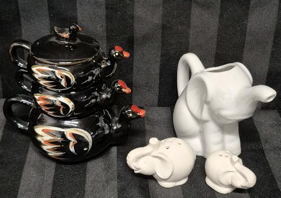 Vintage Salt Pepper Mustard Set Stacking Birds & Elephant Salt & Pepper Shakers & Creamer