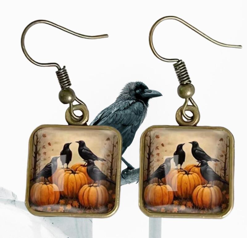Autumn Pumpkin Ravens Square Earrings Vintage Inspired Rustic Fall Harvest Sheppard hooks 1.9 x .65 approximate drop Blue glow in Sky Black light