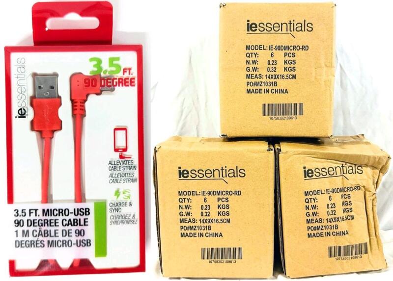 16 New iEssentials 3.5ft Micro-USB 90-Degree Cables, Model IE-90DMICRO-RD