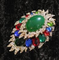 Vintage Inspired Baroque Brooch Luxury with Centre Oval Opaque Green Cab Sparkling Embellishments Tiered Statement Piece approximately 2 x 1.25&rsquo;&rsquo;