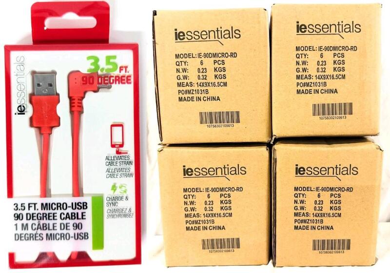 24 New iEssentials 3.5ft Micro-USB 90-Degree Cables, Model IE-90DMICRO-RD