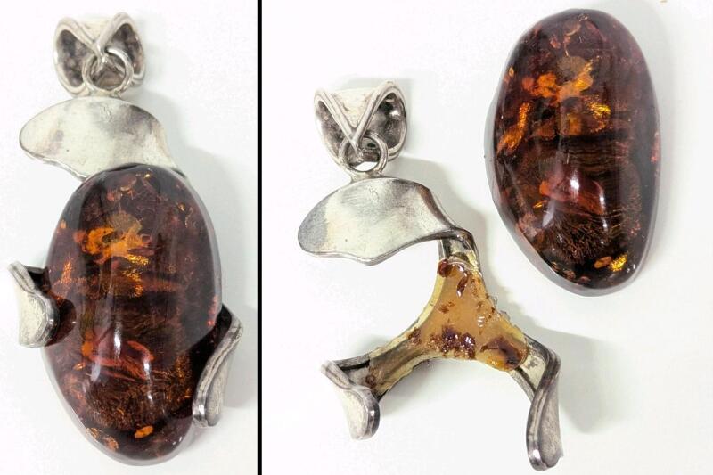 [Needs Repair] Vintage Large Coffee Bean-Shaped Chunky Baltic Amber Sterling Silver Pendant, 3" Long Incl Bale (Amber Needs Regluing)