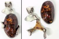 [Needs Repair] Vintage Large Coffee Bean-Shaped Chunky Baltic Amber Sterling Silver Pendant, 3" Long Incl Bale (Amber Needs Regluing)