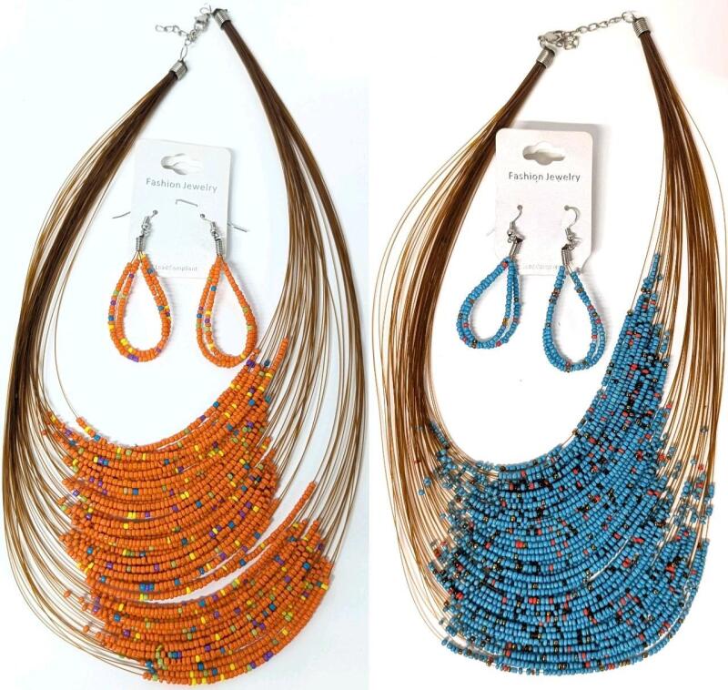 2 Sets of Multi-Strand Glass Bead Necklaces with Matching Earrings for Pierced Ears, Necklaces 17" Long, Earrings 2.5" Long