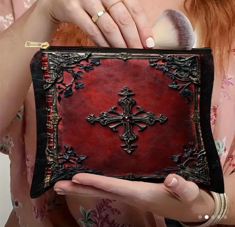 Vintage Gothic Cross Design Makeup Bag &ndash; Stylish Red & Black Polyester Toiletry Organizer Lightweight Cosmetic Storage Pouch approximately 6.5x8.9 Inch, Hand Wash or Dry Clean, Toiletry Travel Bag Stock photo added