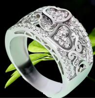 New Marked S925 Sterling Silver Size 10 Ring Inlaid with Sparkling Clear Clusters With Cutwork Swirls and Joined Hearts